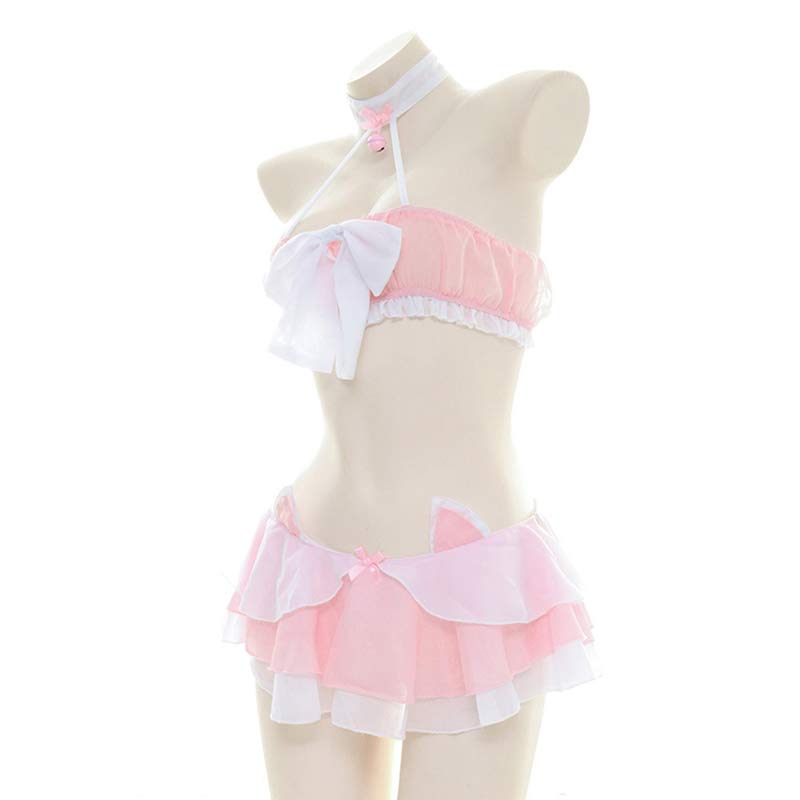Cute Cat Bow Knot Chiffon Lingerie Set