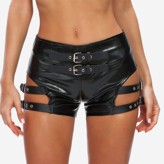 Sexy Hollow Out PU Leather Shorts