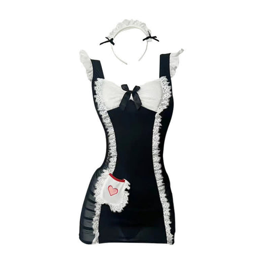 Cosplay Maid Hollow Out Lace Lingerie Dress