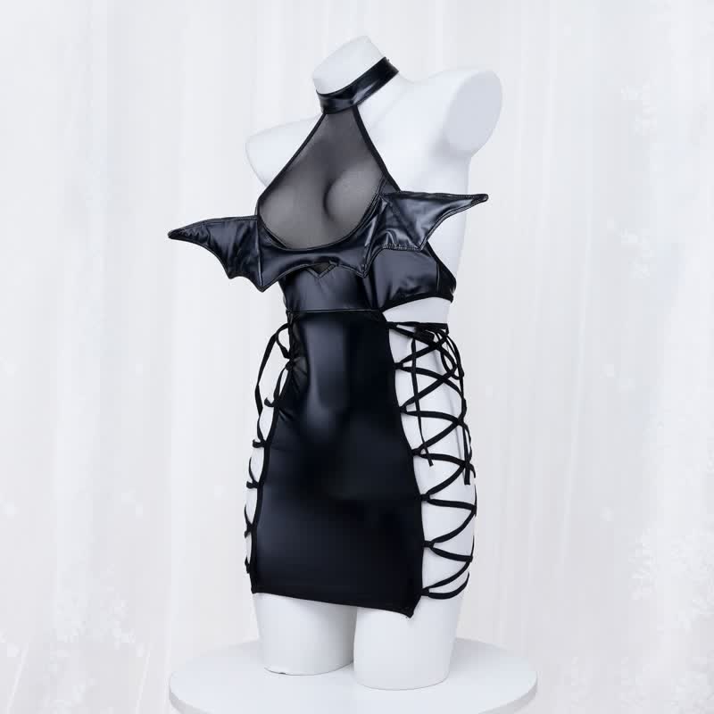 Little Devil Lace Up Hollow Out PU Lingerie Dress