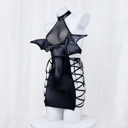 Little Devil Lace Up Hollow Out PU Lingerie Dress