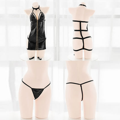 Halter Chain Hollow Out PU Lingerie Dress