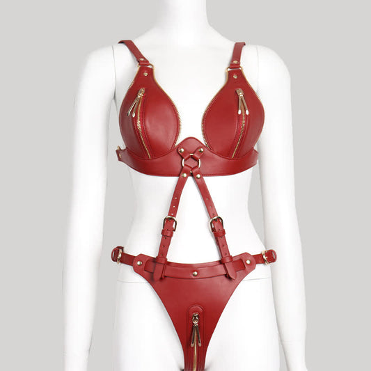 Sexy Zipper PU Lingerie Set