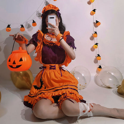 Cosplay Bat Embroidery Lace Up Ruffled Maid Dress