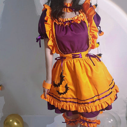 Cosplay Bat Embroidery Lace Up Ruffled Maid Dress