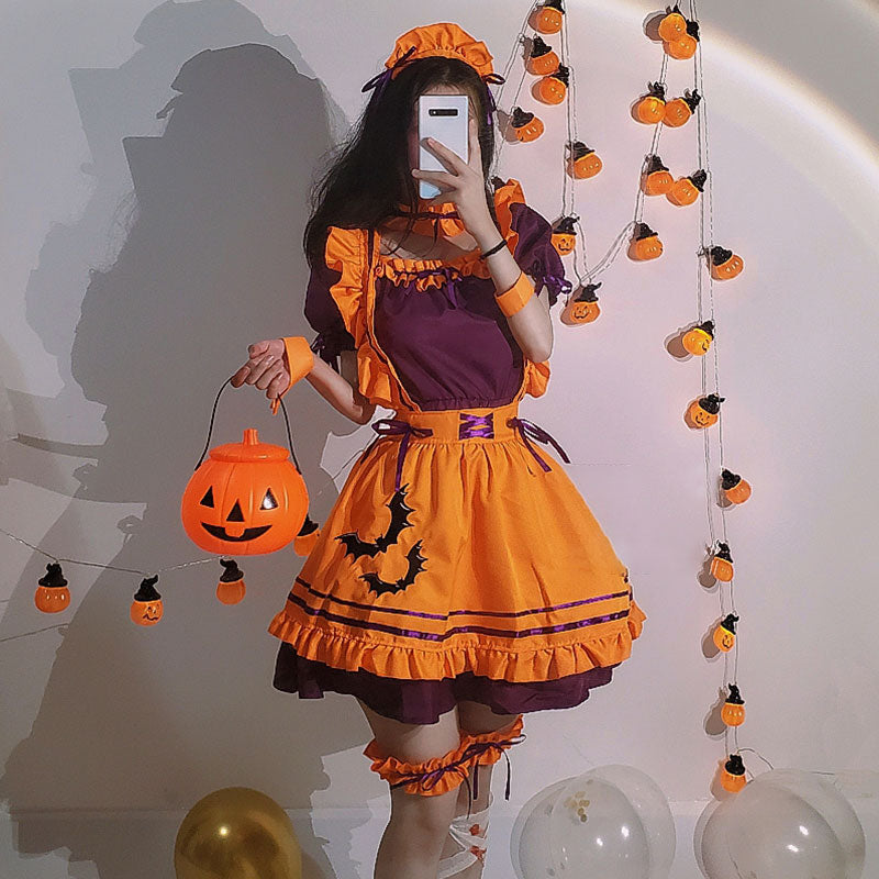 Cosplay Bat Embroidery Lace Up Ruffled Maid Dress