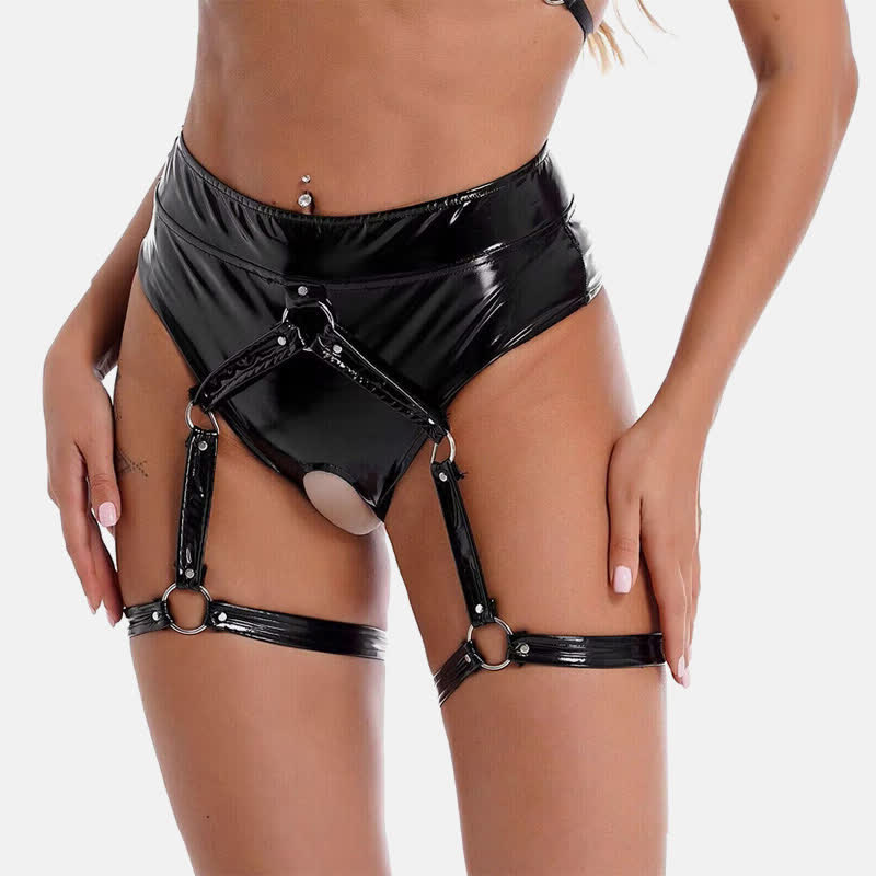 Sexy Crotchless PU Leather Shorts Lingerie