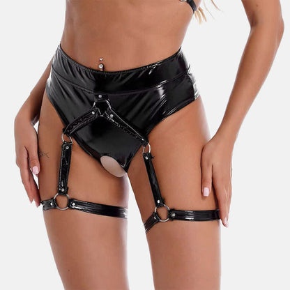 Sexy Crotchless PU Leather Shorts Lingerie