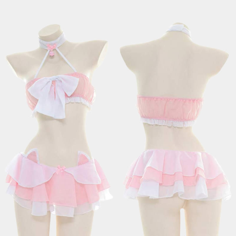 Cute Cat Bow Knot Chiffon Lingerie Set