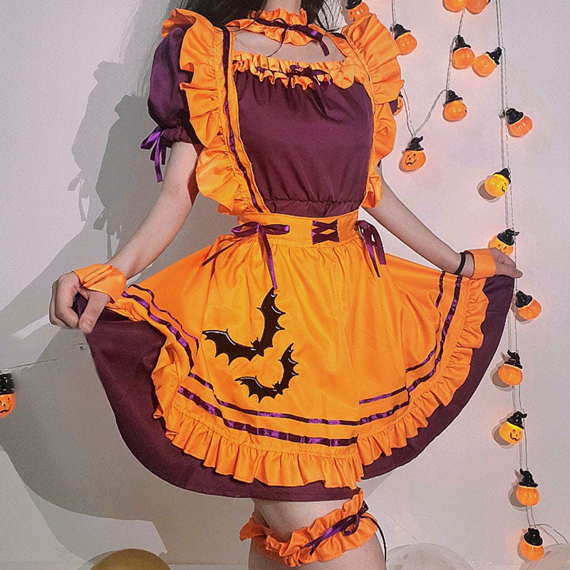 Cosplay Bat Embroidery Lace Up Ruffled Maid Dress