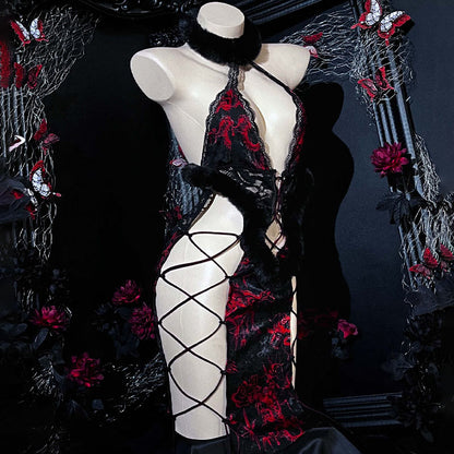 Lace Hollow Out Cheongsam Lingerie Dress