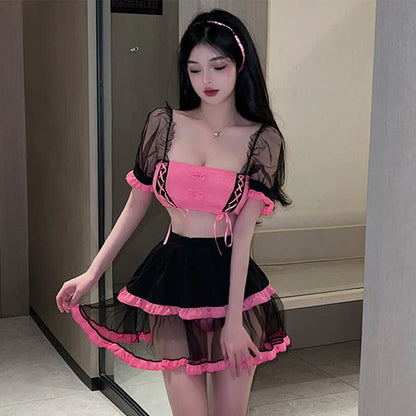 Cosplay Maid Tulle Lace Up Lingerie Set