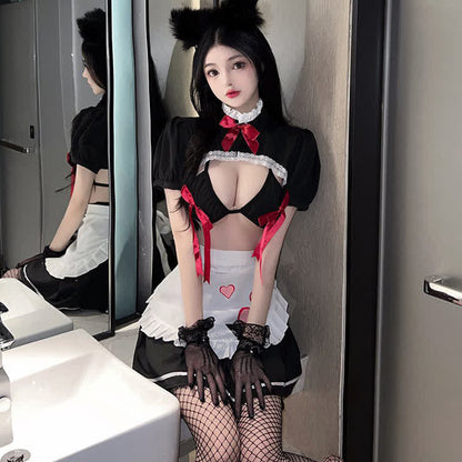 Cosplay Maid Bow Decor Hollow Out Lingerie Set