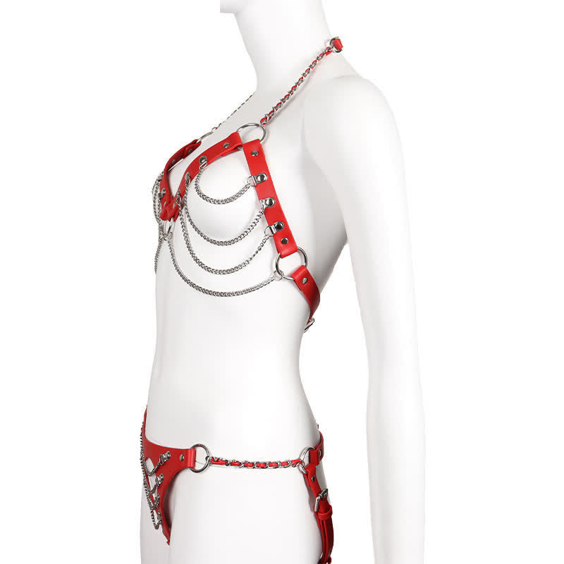 Sexy Halter Chain Hollow Out PU Lingerie Set