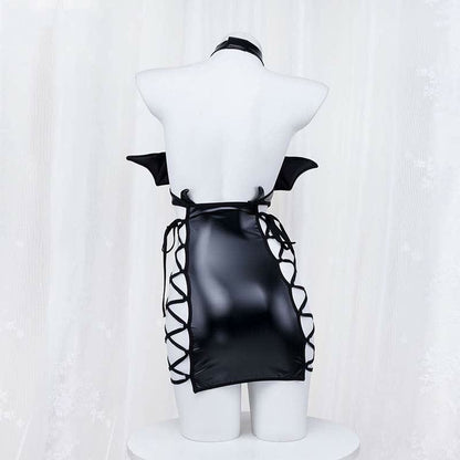 Little Devil Lace Up Hollow Out PU Lingerie Dress