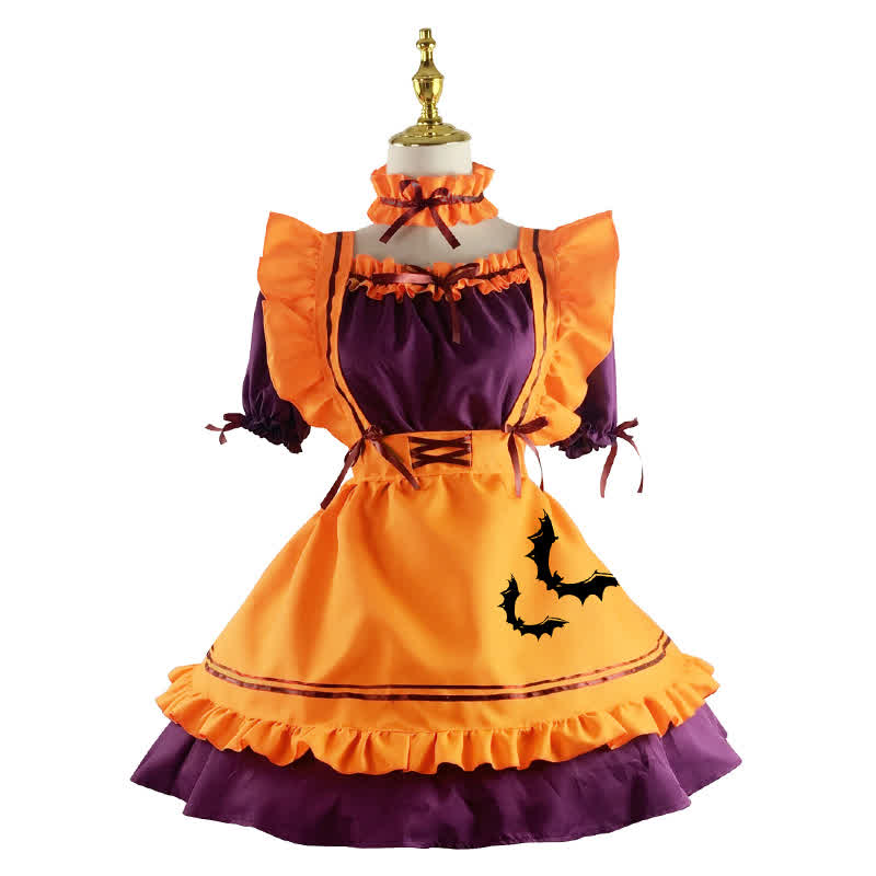 Cosplay Bat Embroidery Lace Up Ruffled Maid Dress