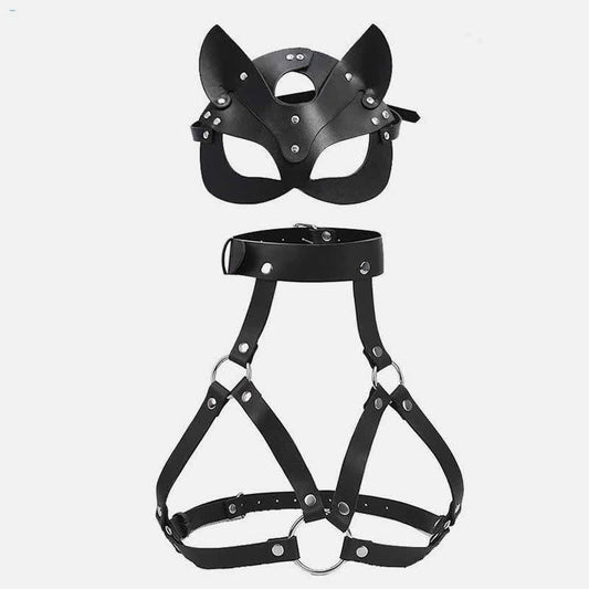 Hollow Out PU Lingerie With Face Shield