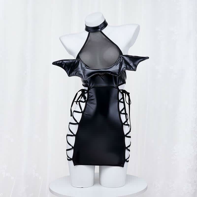 Little Devil Lace Up Hollow Out PU Lingerie Dress