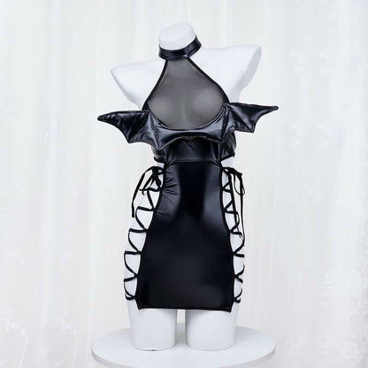 Little Devil Lace Up Hollow Out PU Lingerie Dress
