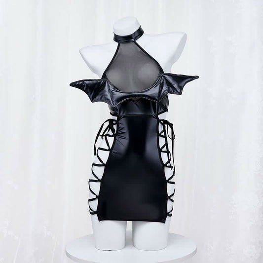 Little Devil Lace Up Hollow Out PU Lingerie Dress