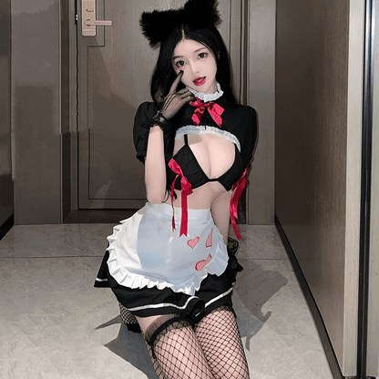 Cosplay Maid Bow Decor Hollow Out Lingerie Set
