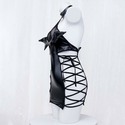 Little Devil Lace Up Hollow Out PU Lingerie Dress