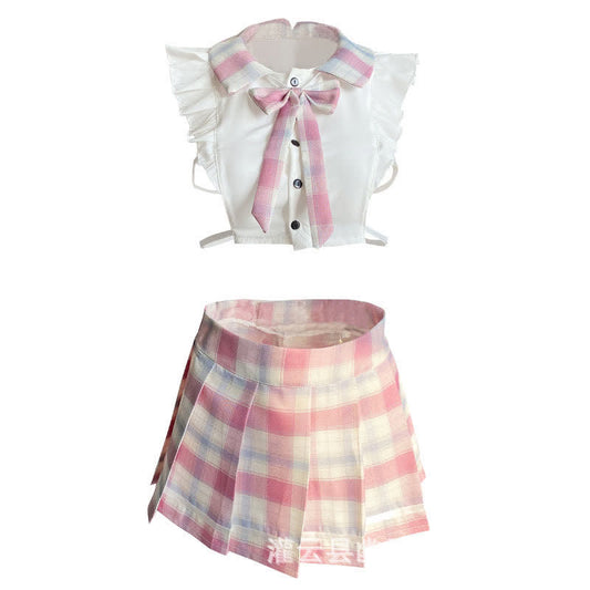 Plaid JK Uniform Hollow Out Sexy Lingerie Stockings Set