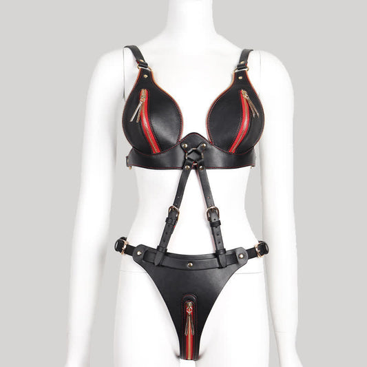 Sexy Zipper PU Lingerie Set