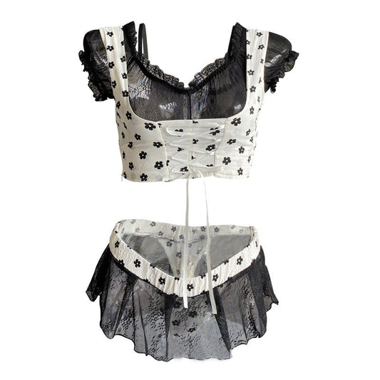 Cosplay Maid Floral Print Lace See Though Lingerie Stockings Set