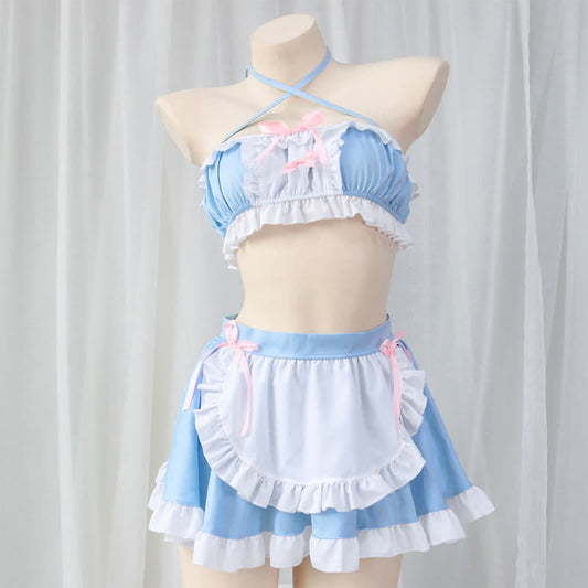 Lace Up Top Ruffled Maid Skirt Lingerie Stockings Set